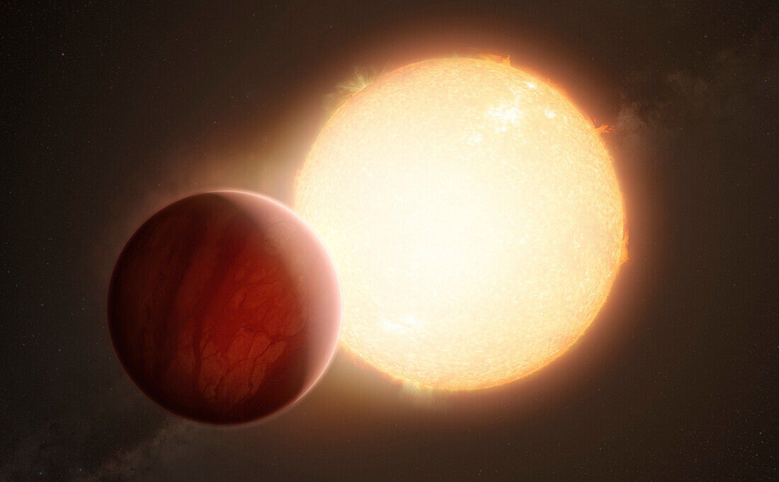 Ultra-hot exoplanet transiting in front of host star, illustration