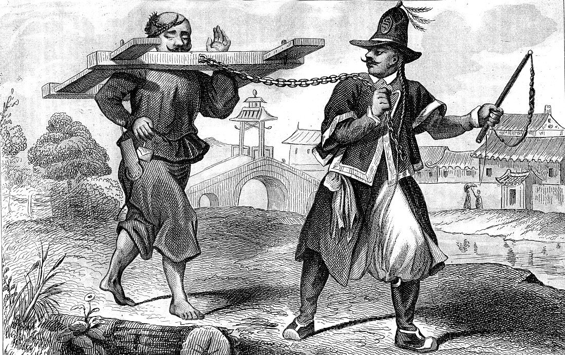 Cangue punishment in China, 19th century illustration