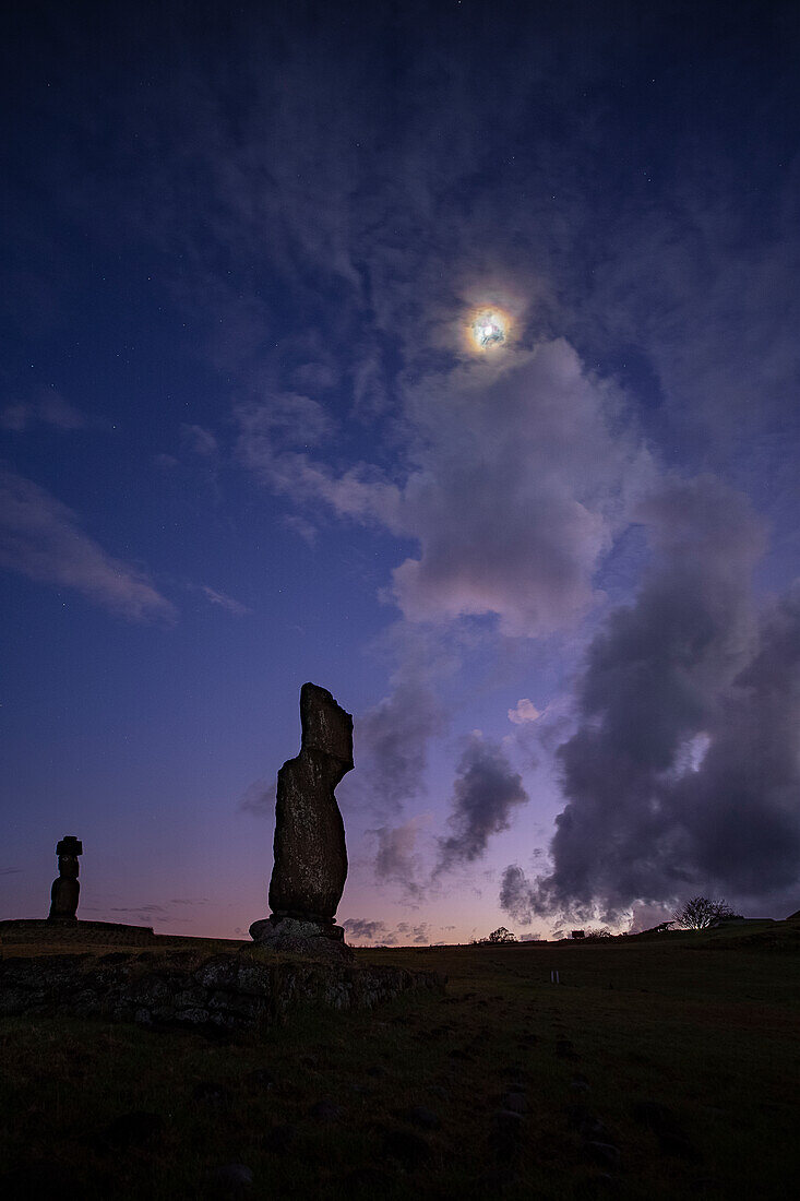 Lunar corona above Moai statues, Easter Island