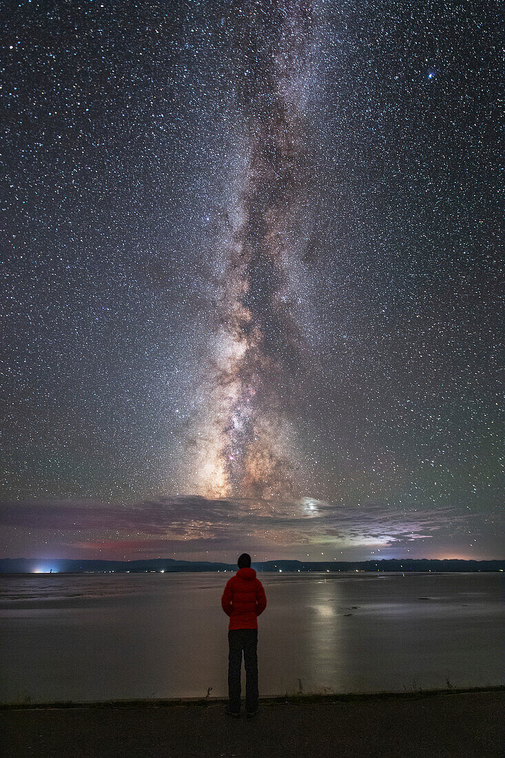 Stargazer under Milky Way, Qinghai lake, China