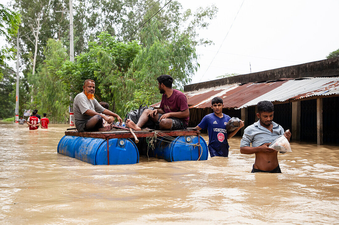 Improvised raft in floodwater, Satkania Upazila, Bangladesh