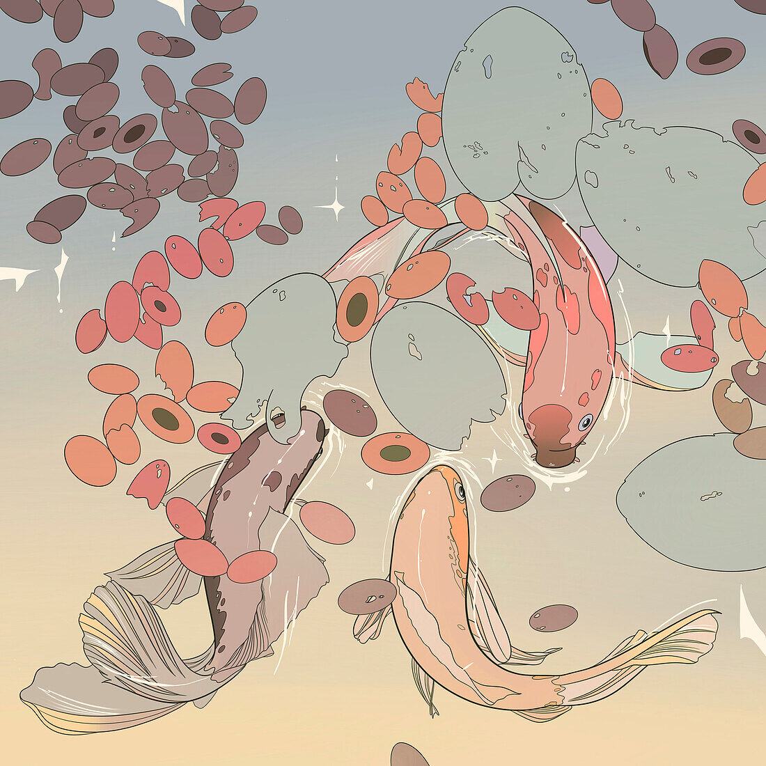 Koi fish swimming through lily pond, illustration