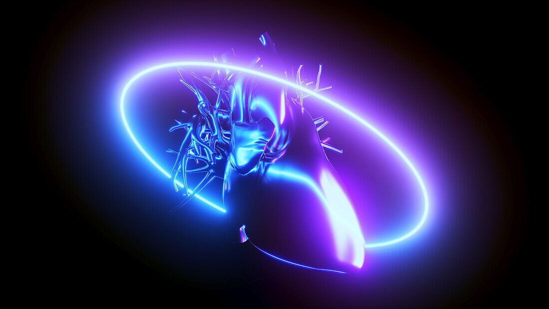 Metal heart in neon light, illustration