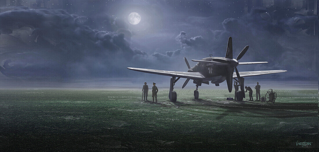 German WWII fighter on airfield, illustration