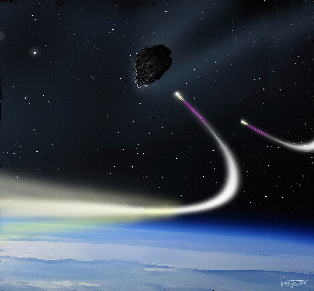 Missiles intercepting asteroid, illustration