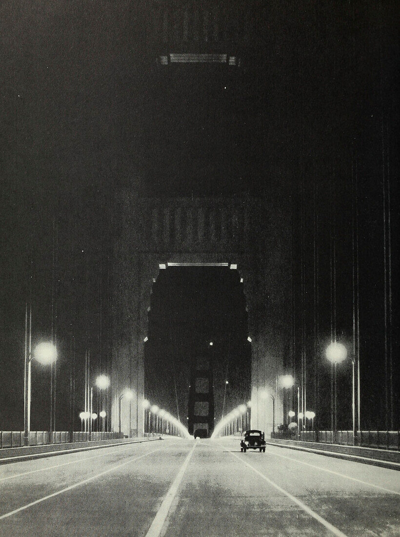 Lone vehicle crossing the Golden Gate Bridge, 1937