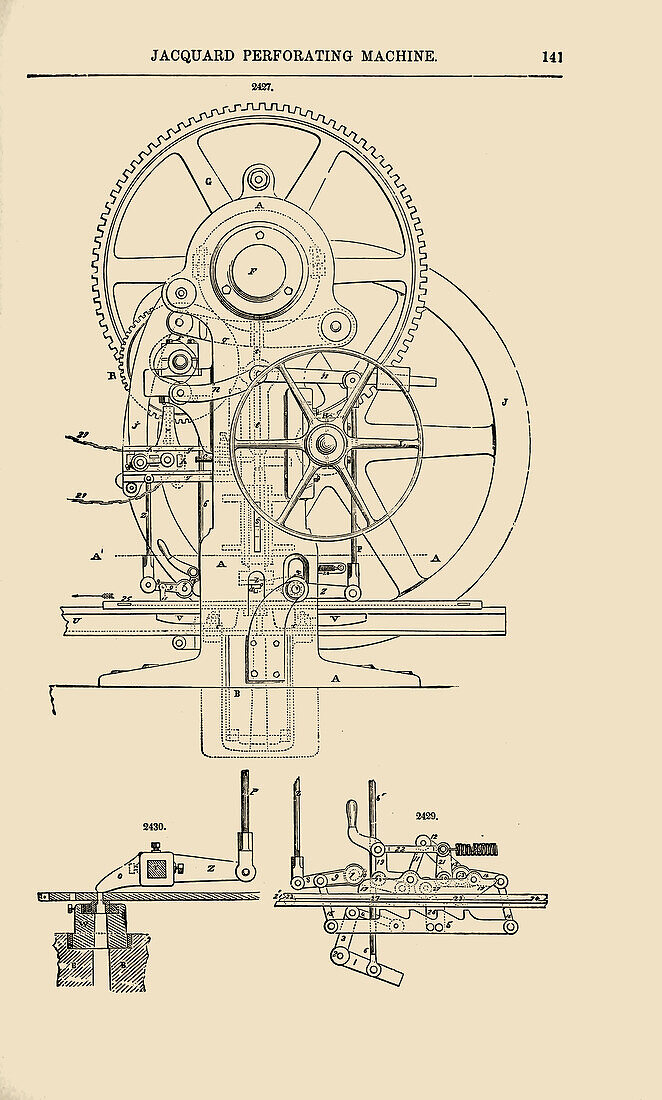 Jacquard perforating machine blueprint, illustration