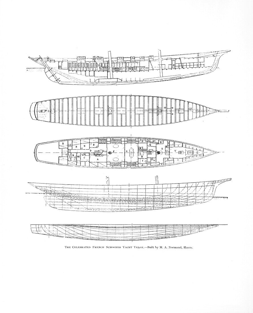 French schooner yacht Velox blueprints, illustration