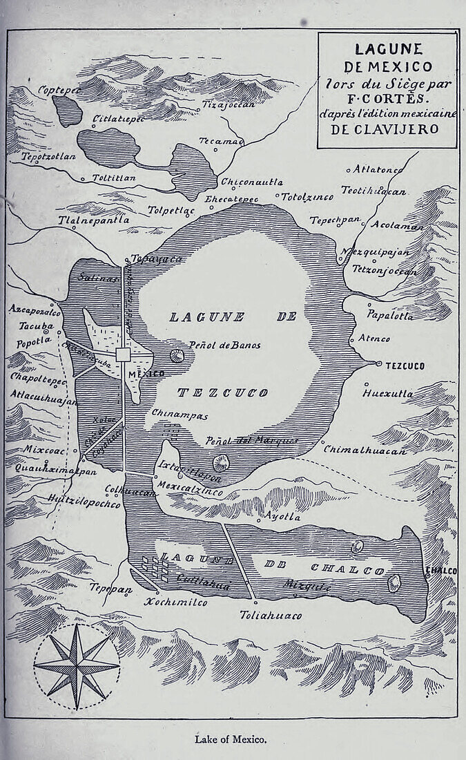 Map of the Lake of Mexico City, 19th century illustration