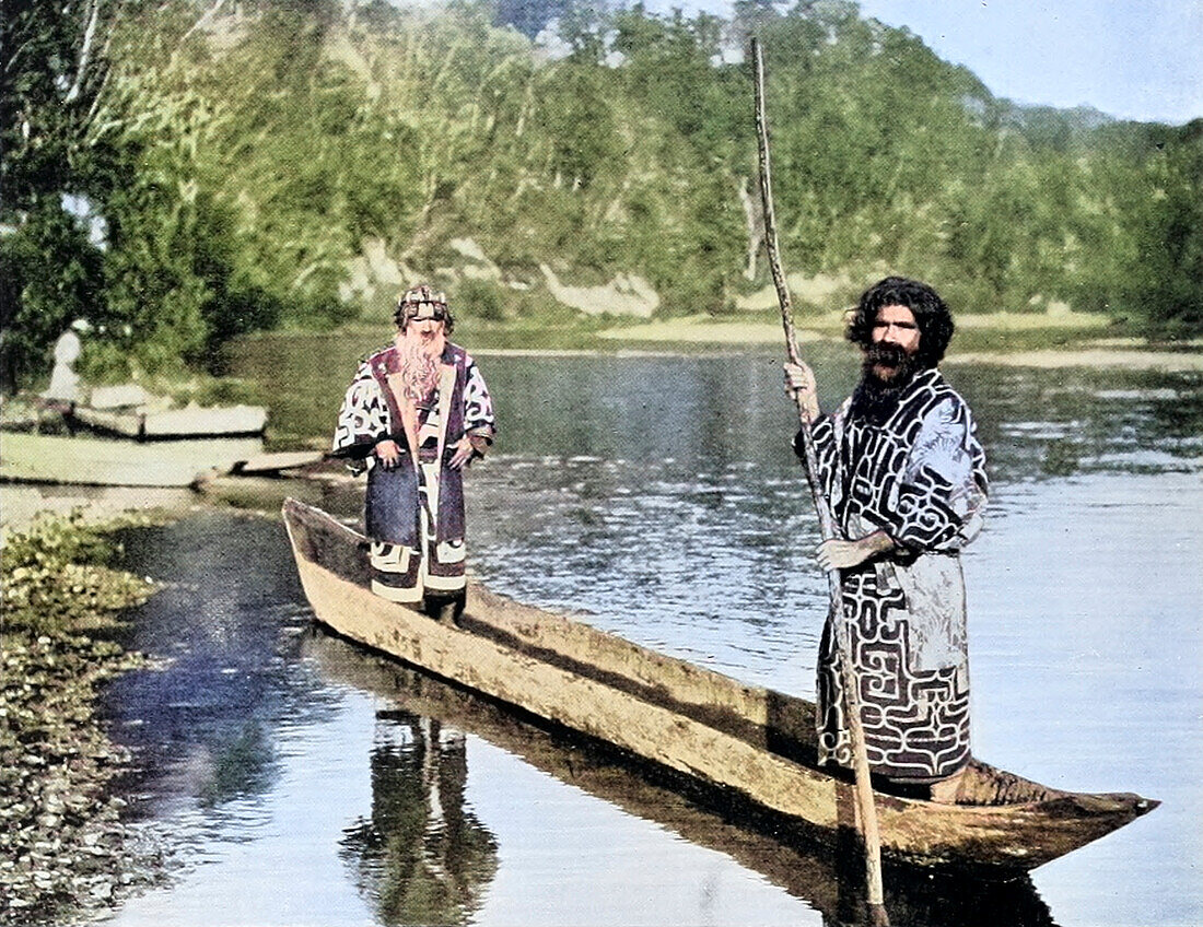 Two Ainu men in dug-out canoe