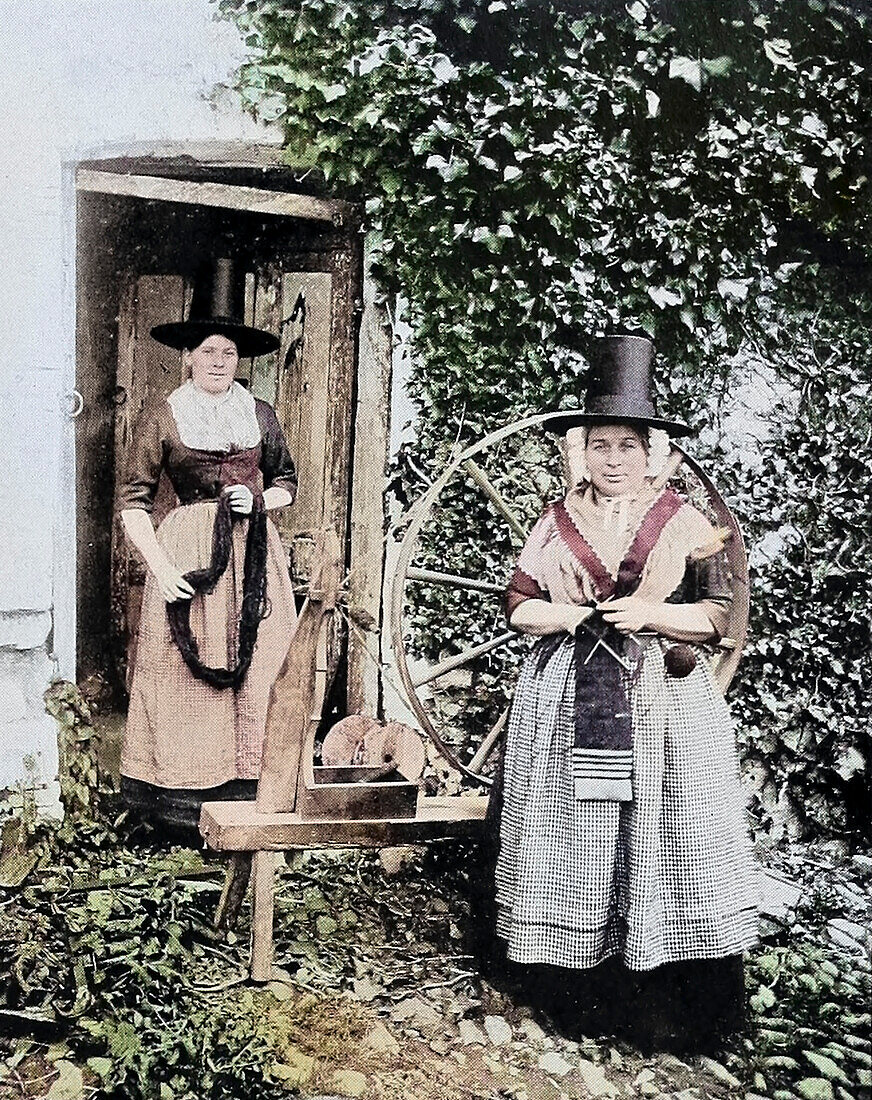 Welsh woman with spinning wheel