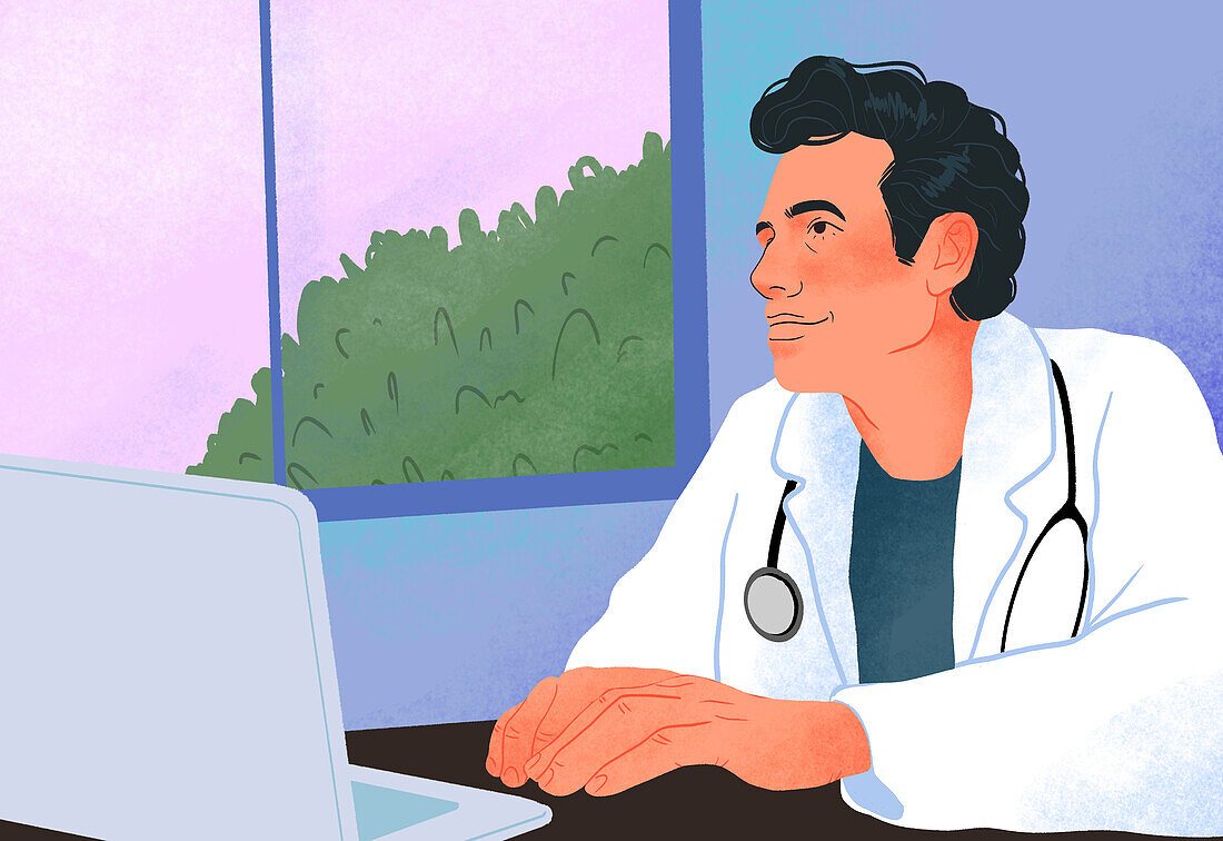 Doctor looking out of window, illustration