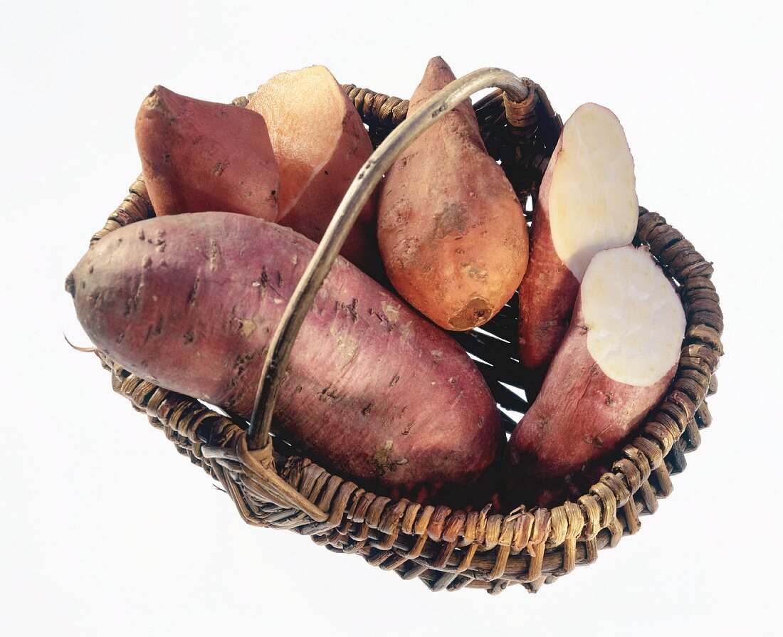 Sweet potatoes in basket with handle