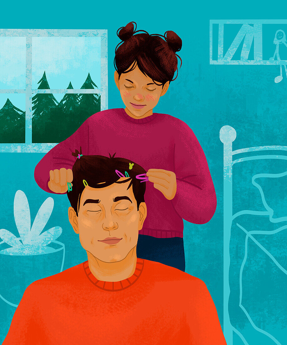 Daughter playing with dad's hair, illustration