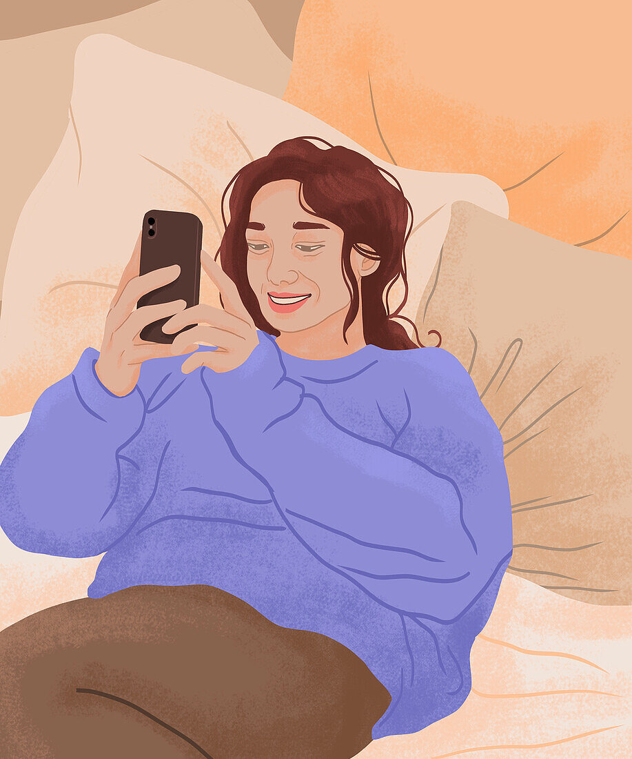 Smiling woman using smartphone, illustration
