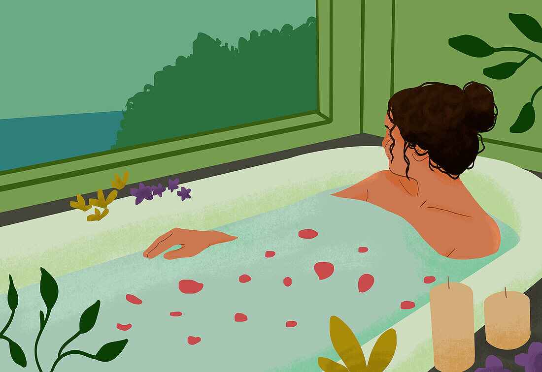 Woman relaxing in bath, illustration