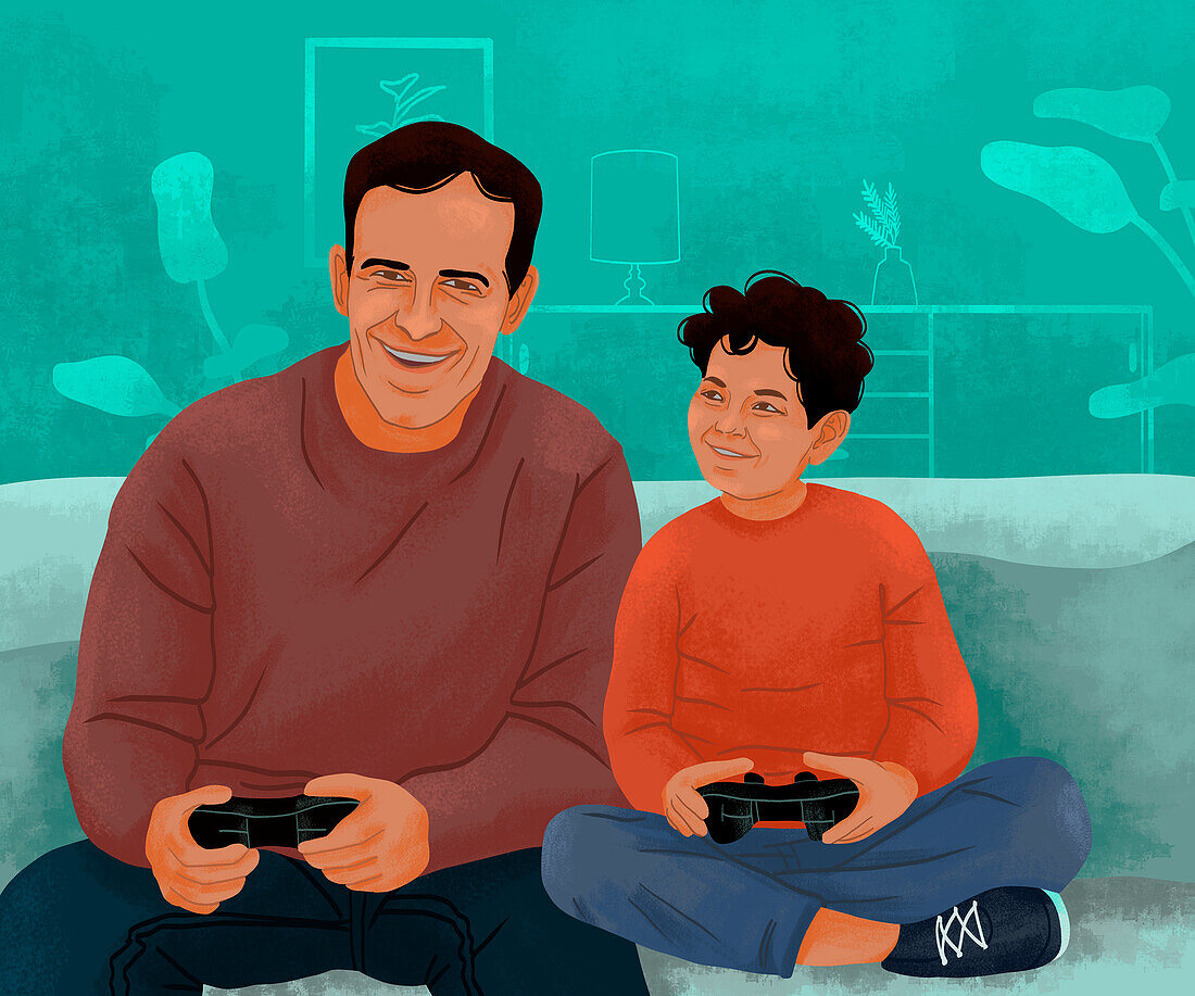 Father and son playing video games, illustration