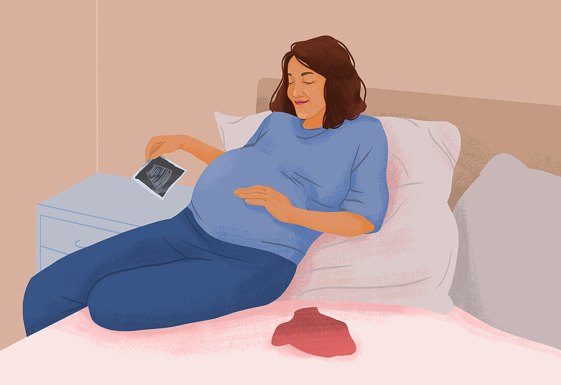 Pregnant woman smiling at baby scan, illustration
