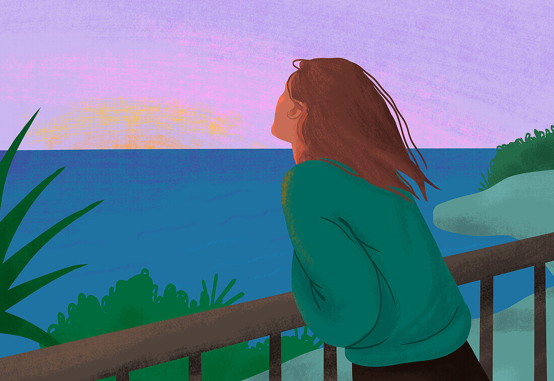 Woman watching sunset, illustration
