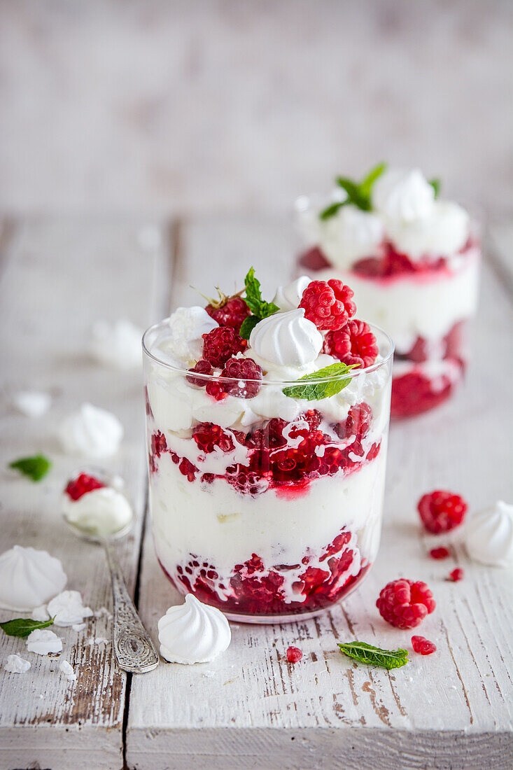 Eton Mess with raspberries in a glass