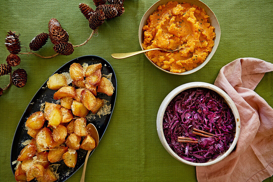 Truffle roast potatoes, carrot and beetroot mash, simple red cabbage