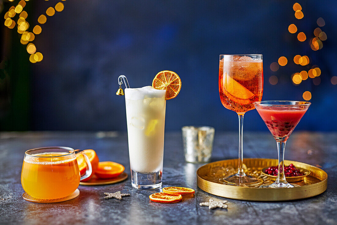 Spiced clementine mulled whisky, Ramos gin fizz, apple spritz, pomegranate martini cocktail