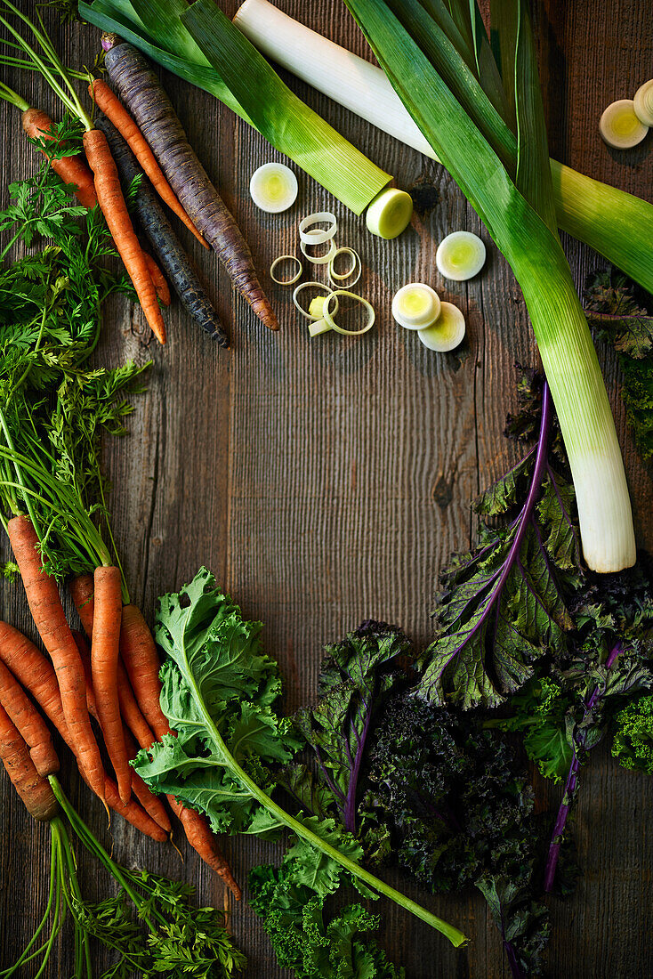 Winter vegetables - carrots, kale, leek