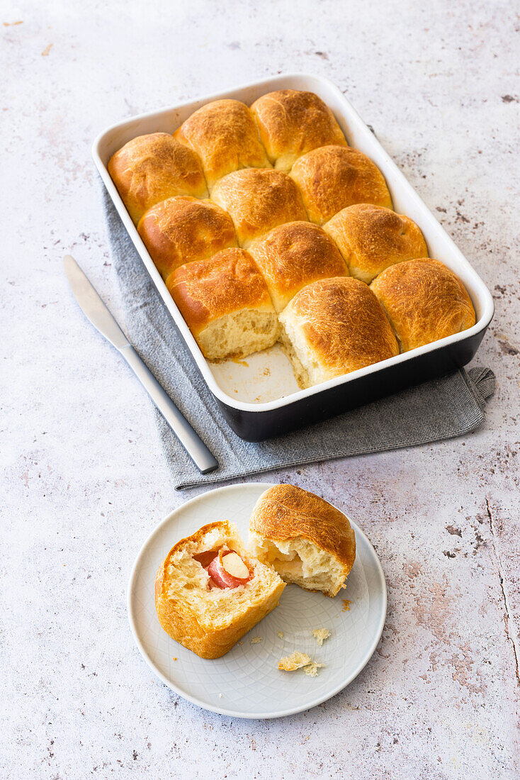 Potato buns filled with sheep's cheese and bacon