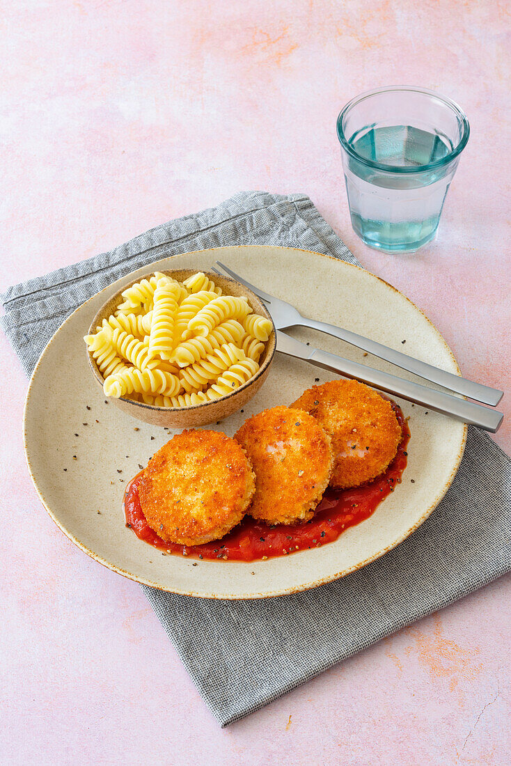 DDR-Jägerschnitzel (breaded hunting sausage) with pasta and tomato sauce