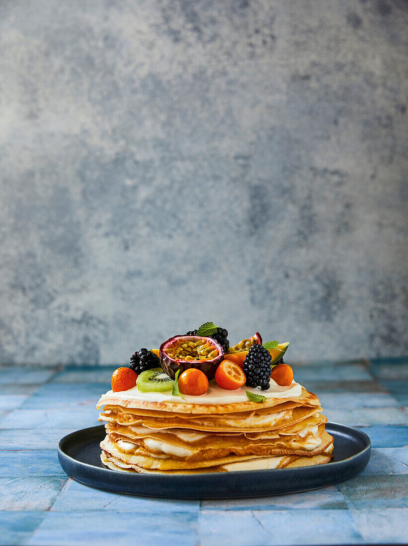 Pancake cake with quark cream and fruit