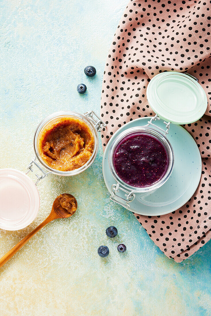 Date paste, blueberry jam