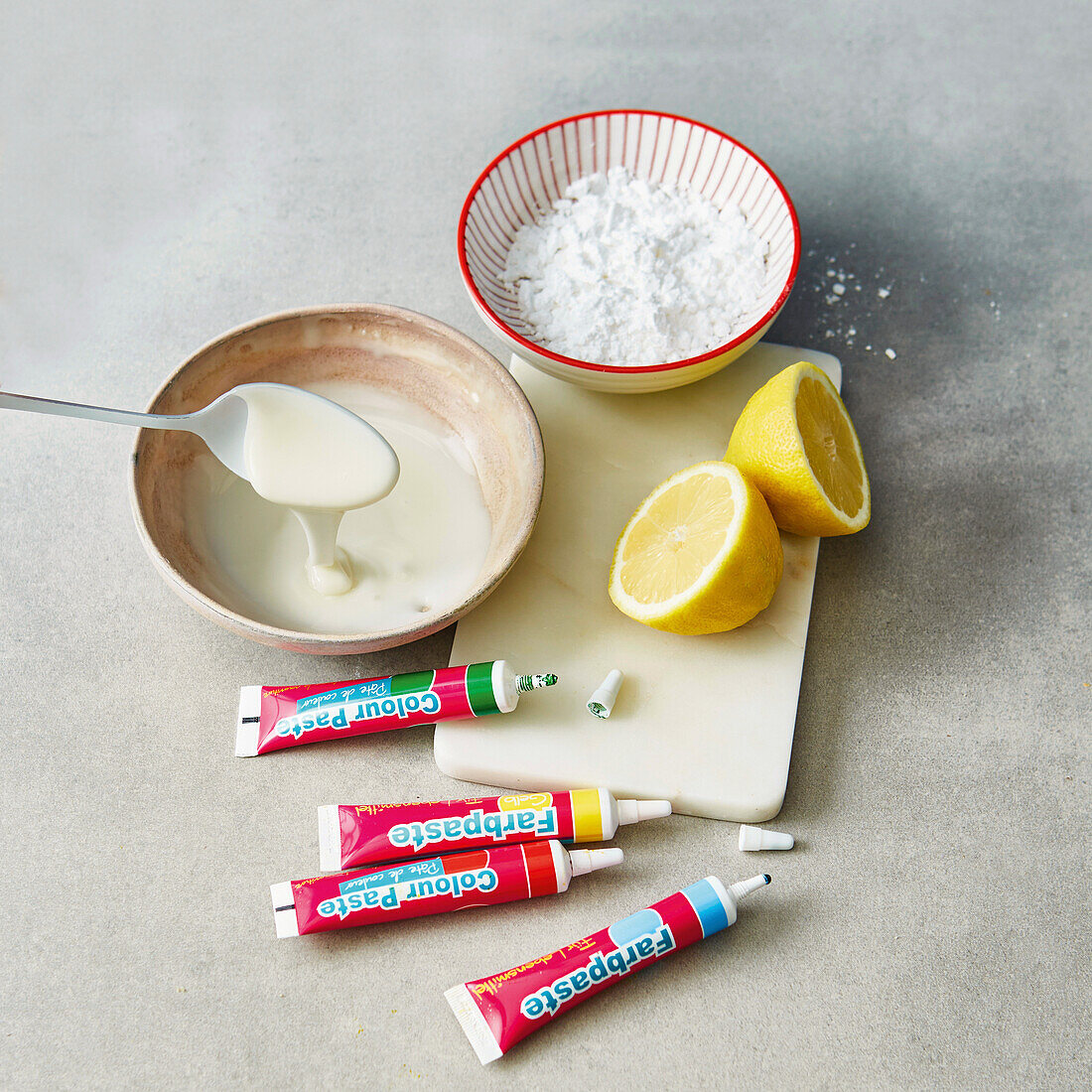 Icing made from icing sugar, lemon juice and food colouring