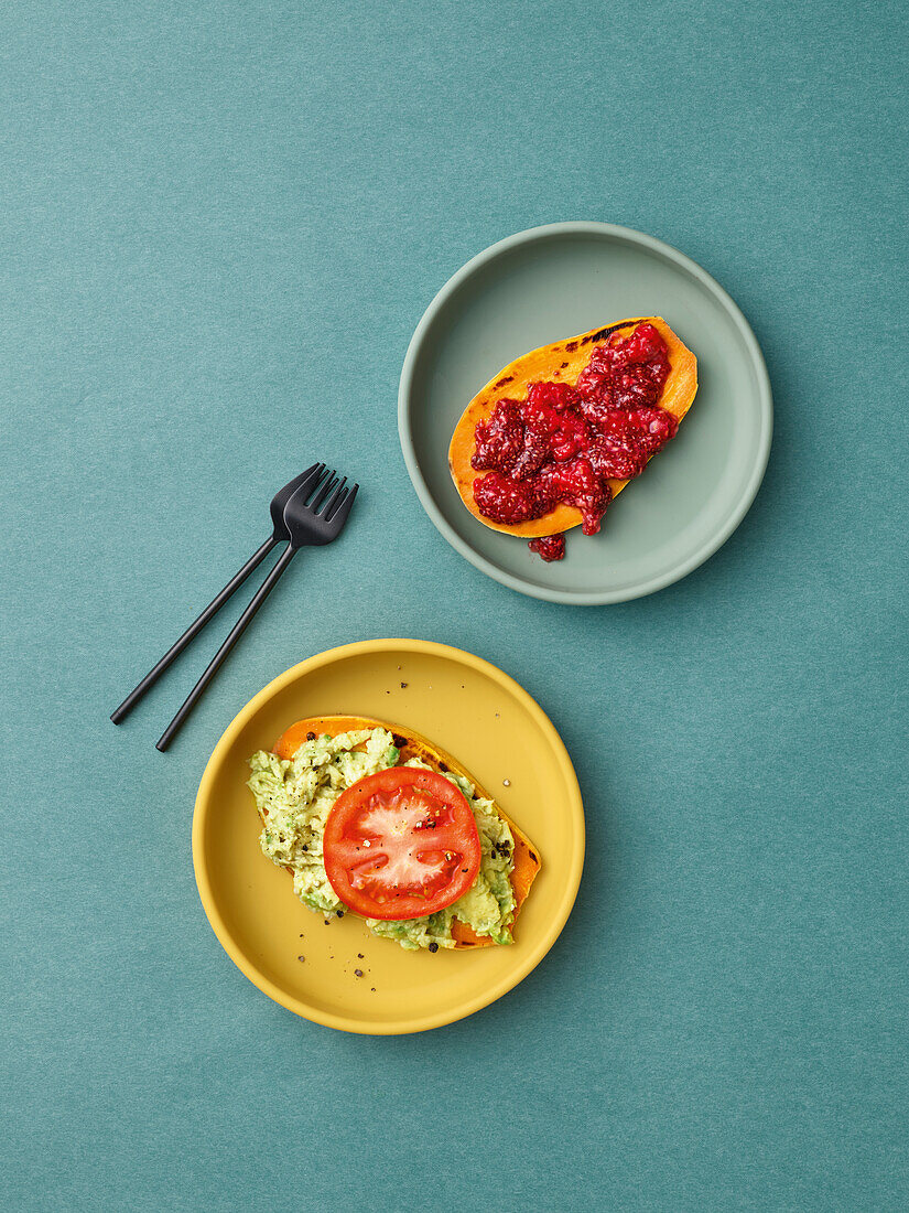 Sweet potato toast with avocado and raspberry jam