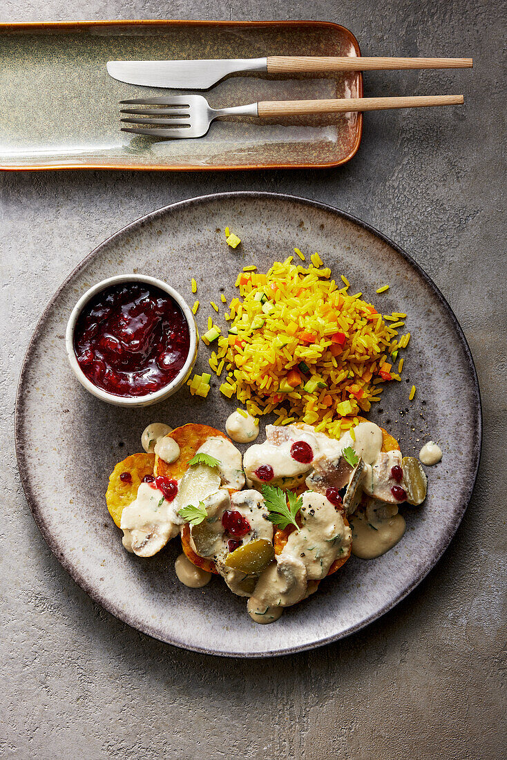 Veganes Tempeh Stroganoff mit Preiselbeeren und Gemüse