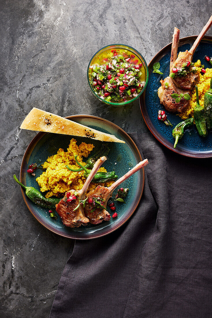 Lamb chops with pomegranate chimichurri and spiced bulgur