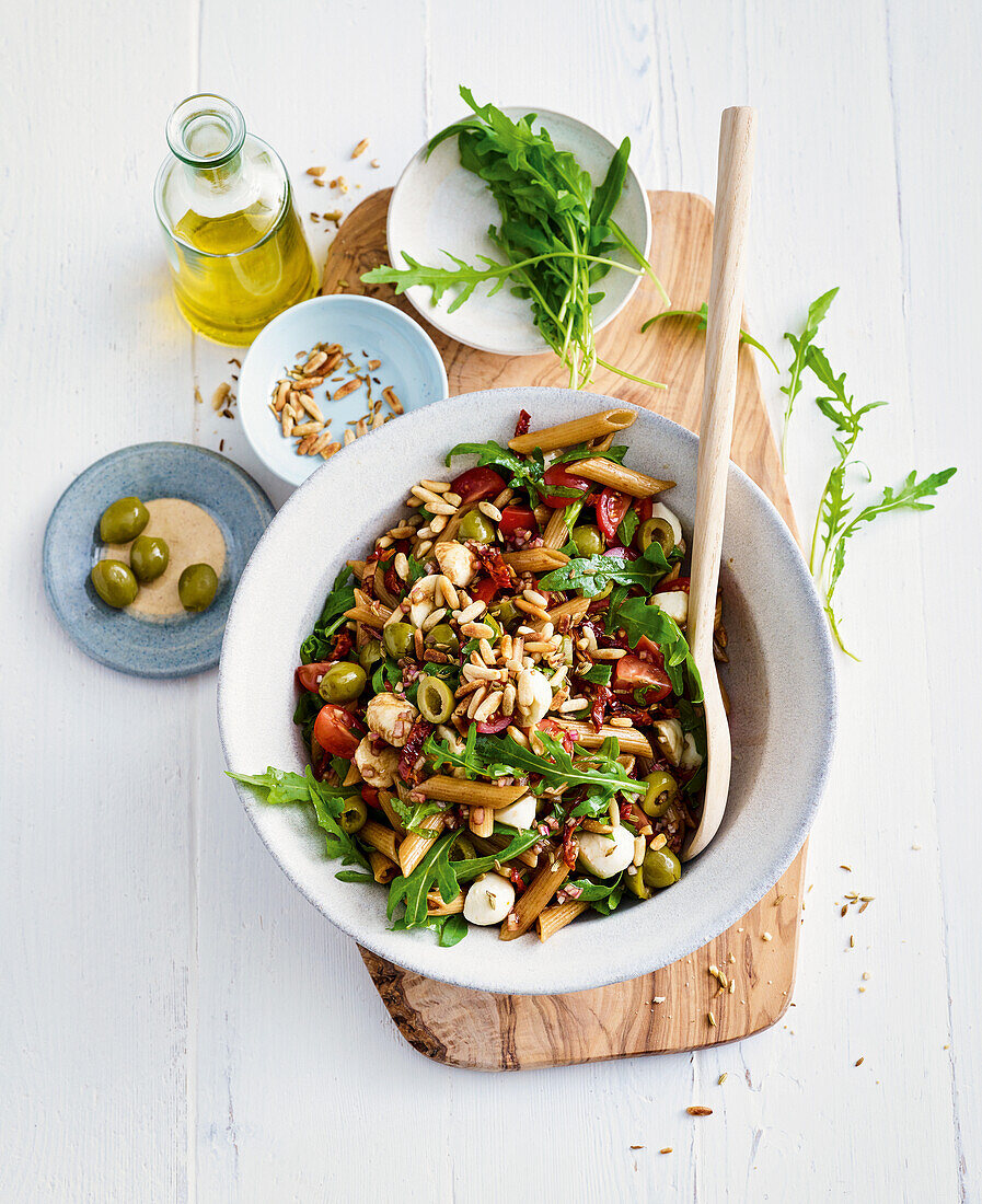 Mediterranean wholemeal pasta salad with rocket and mini mozzarella