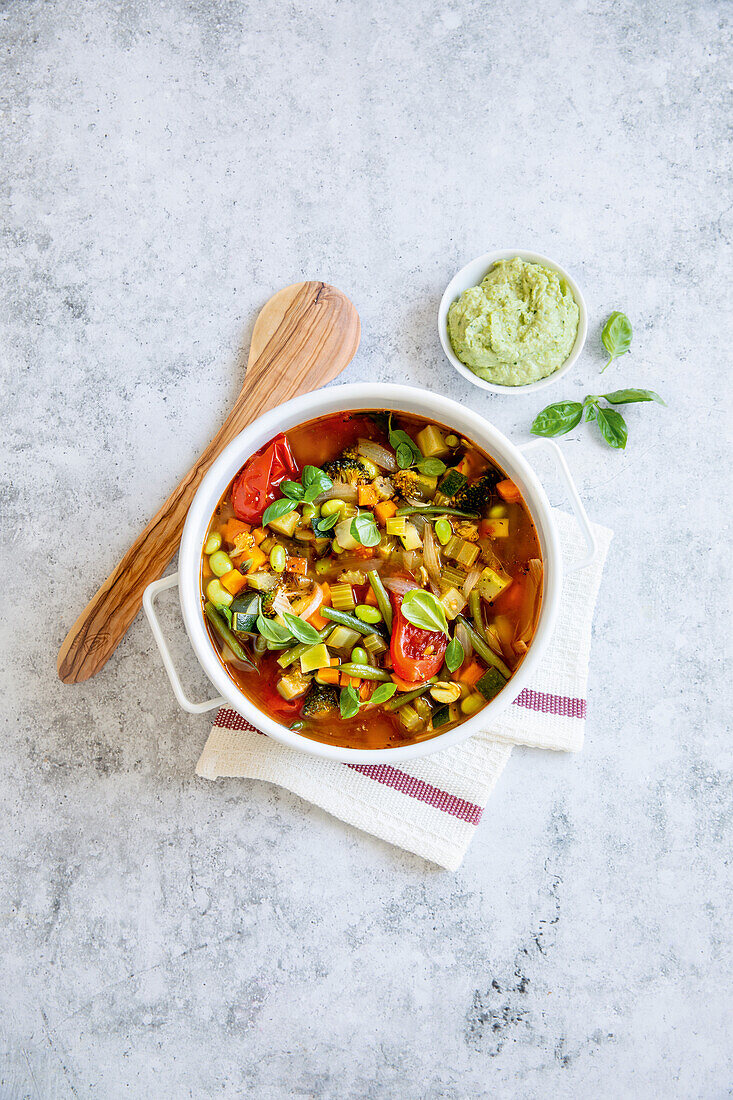 Vegan minestrone with edamame