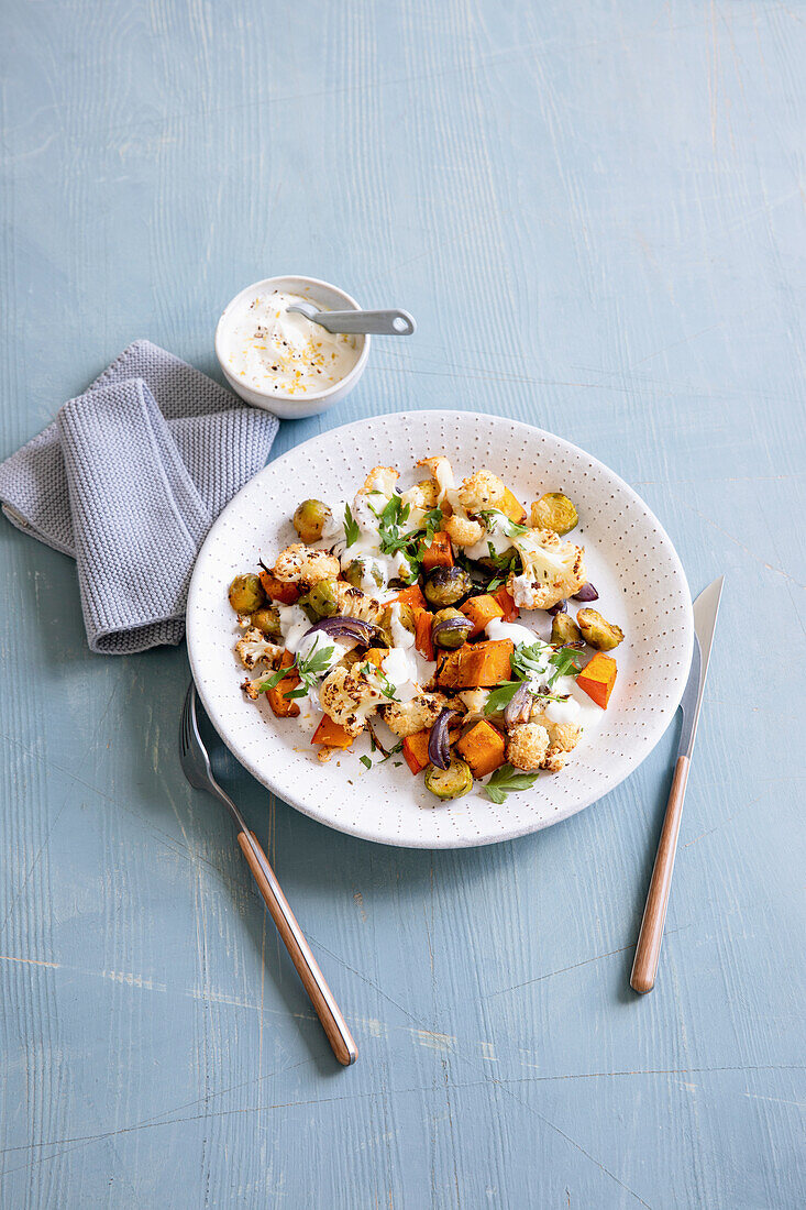 Winter oven vegetables with lemon quark dip