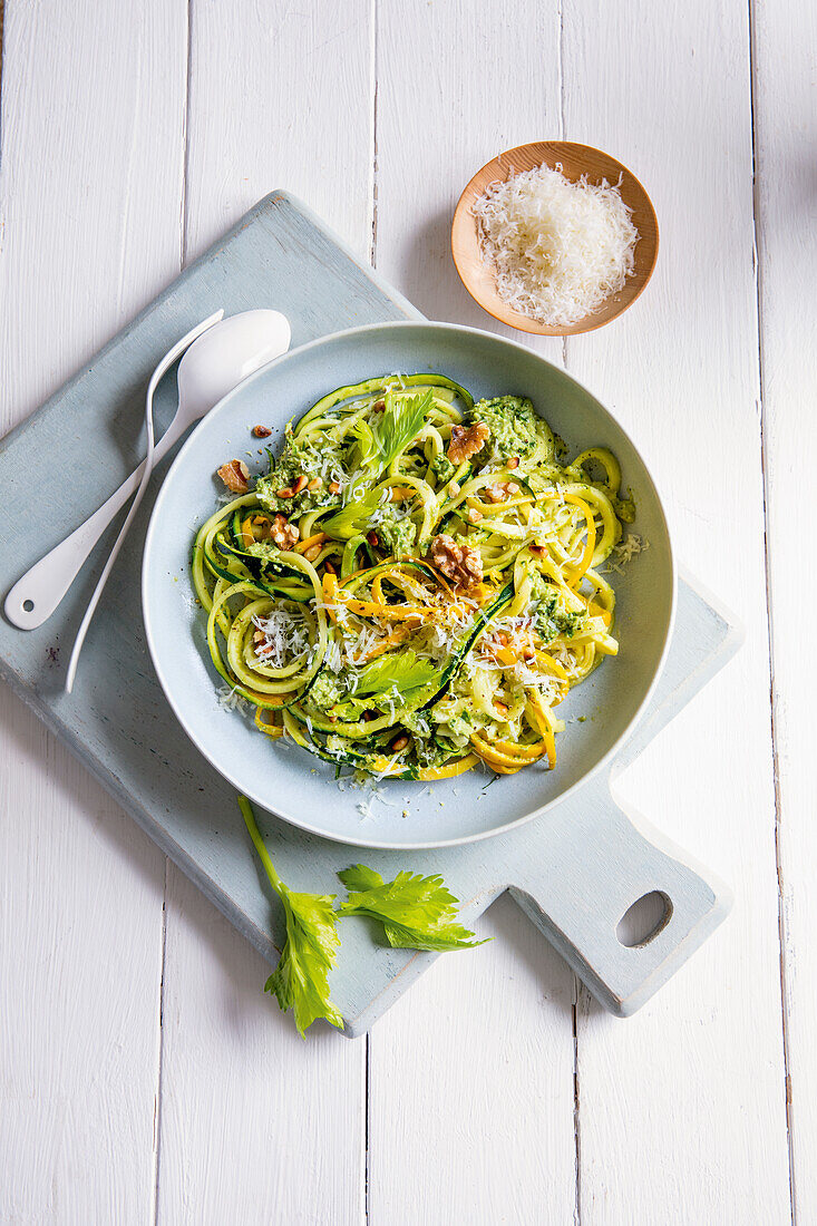 Zoodles with celery and nut pesto