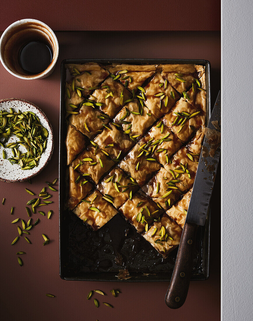 Chocolate and pistachio baklava with Greek coffee and honey syrup