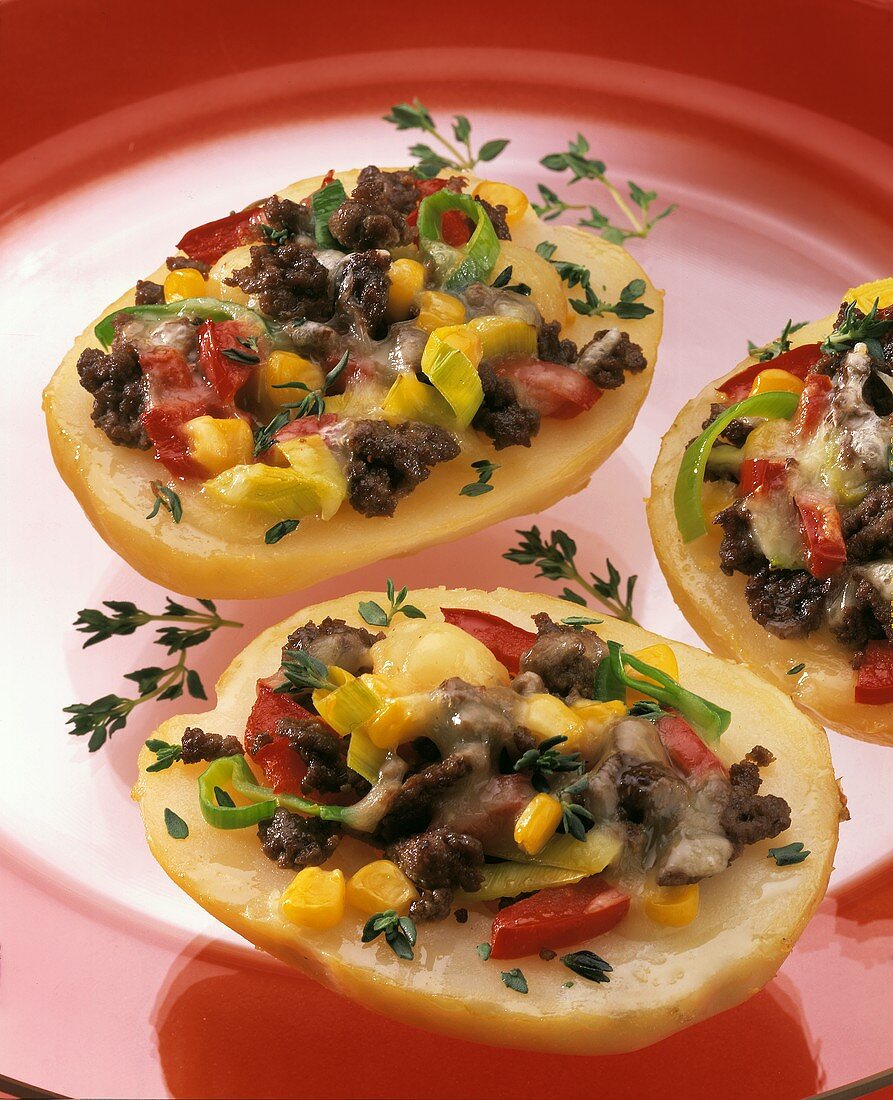 Baked potato halves with mince and vegetable stuffing