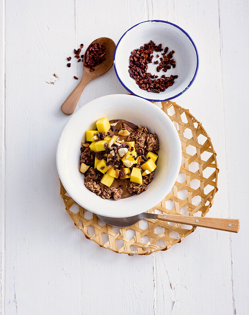 Vegan overnight oats with nuts, cocoa and soya drink