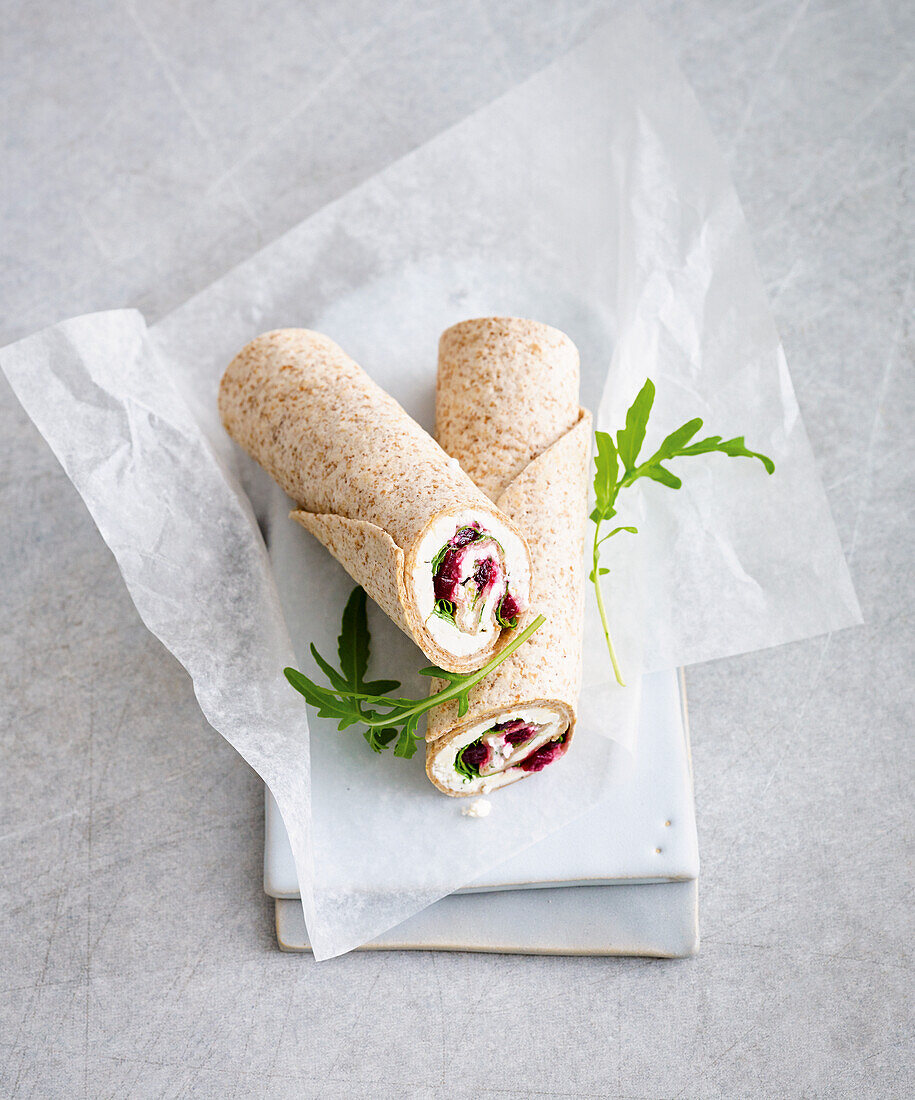 Beetroot wrap with rocket salad