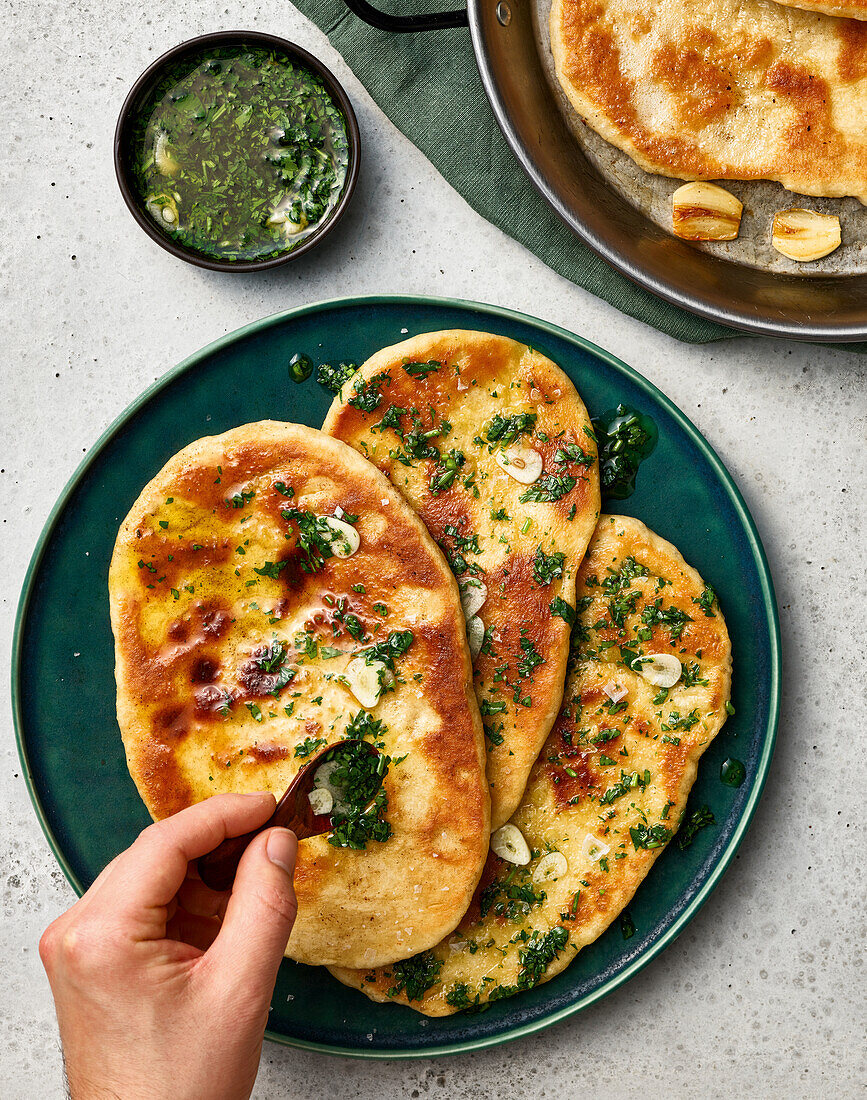 Garlic naan with parsley and garlic butter