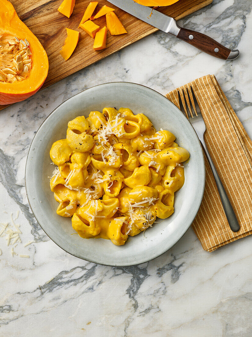 Pasta with pumpkin cream and parmesan