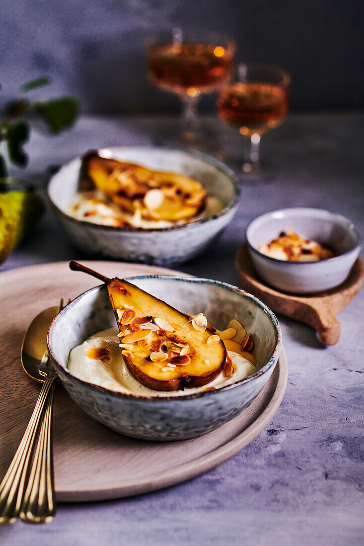 Roasted pears on almond cream