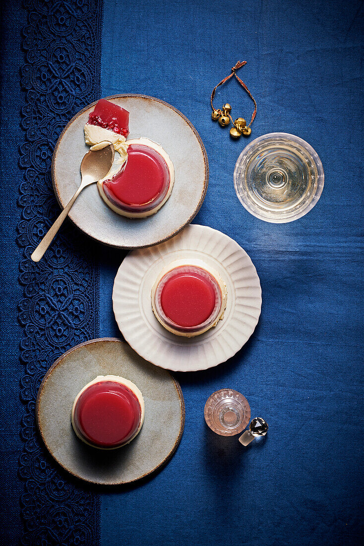 Rose and pomegranate jelly with cardamom panna cotta