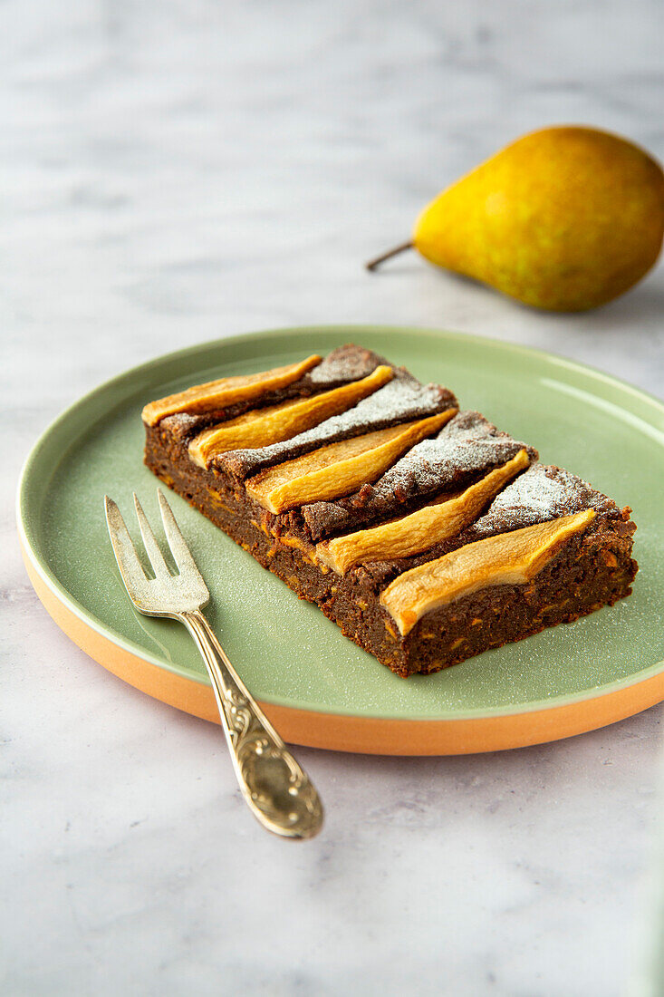 Vegan sweet potato and gingerbread brownies with pears