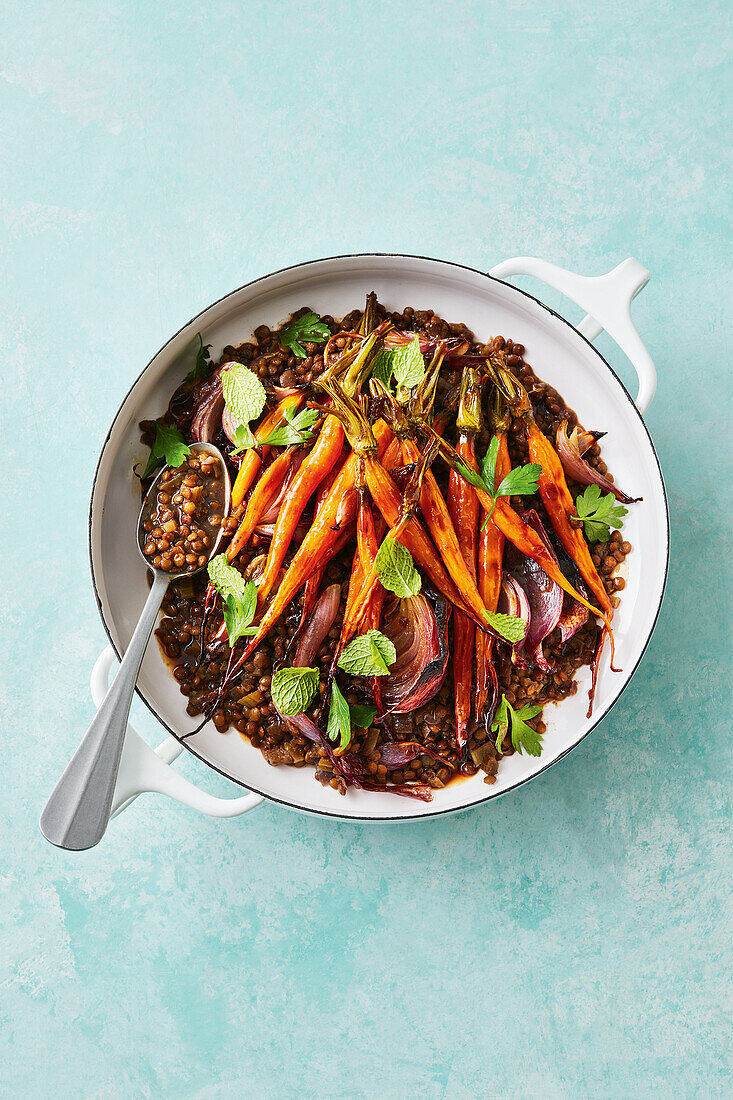 Braised lentils and carrots in maple syrup