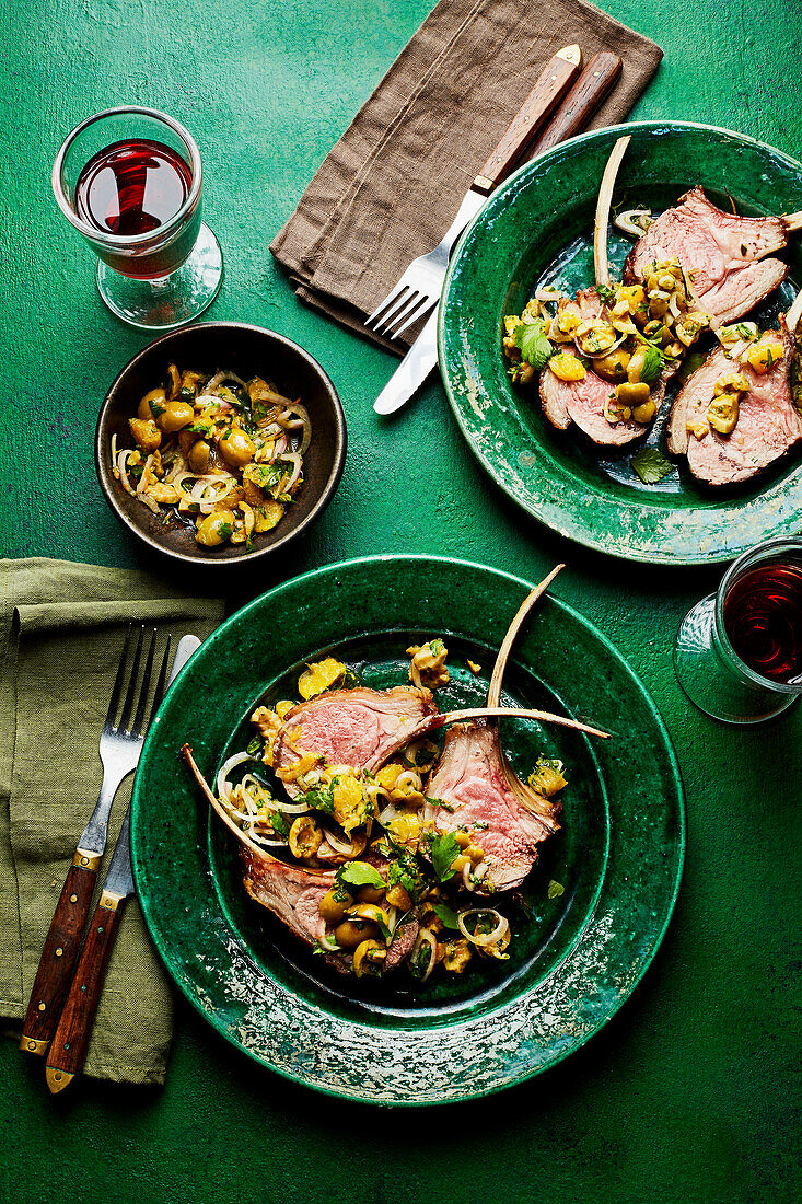 Lamb chops with olive-mango salsa